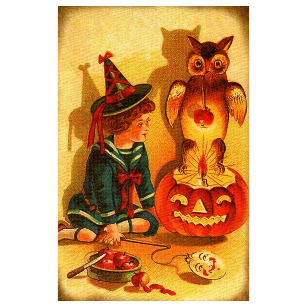 Vintage Style Halloween Postcard Boy Witch Hat Owl Jack O'Lantern Lantern